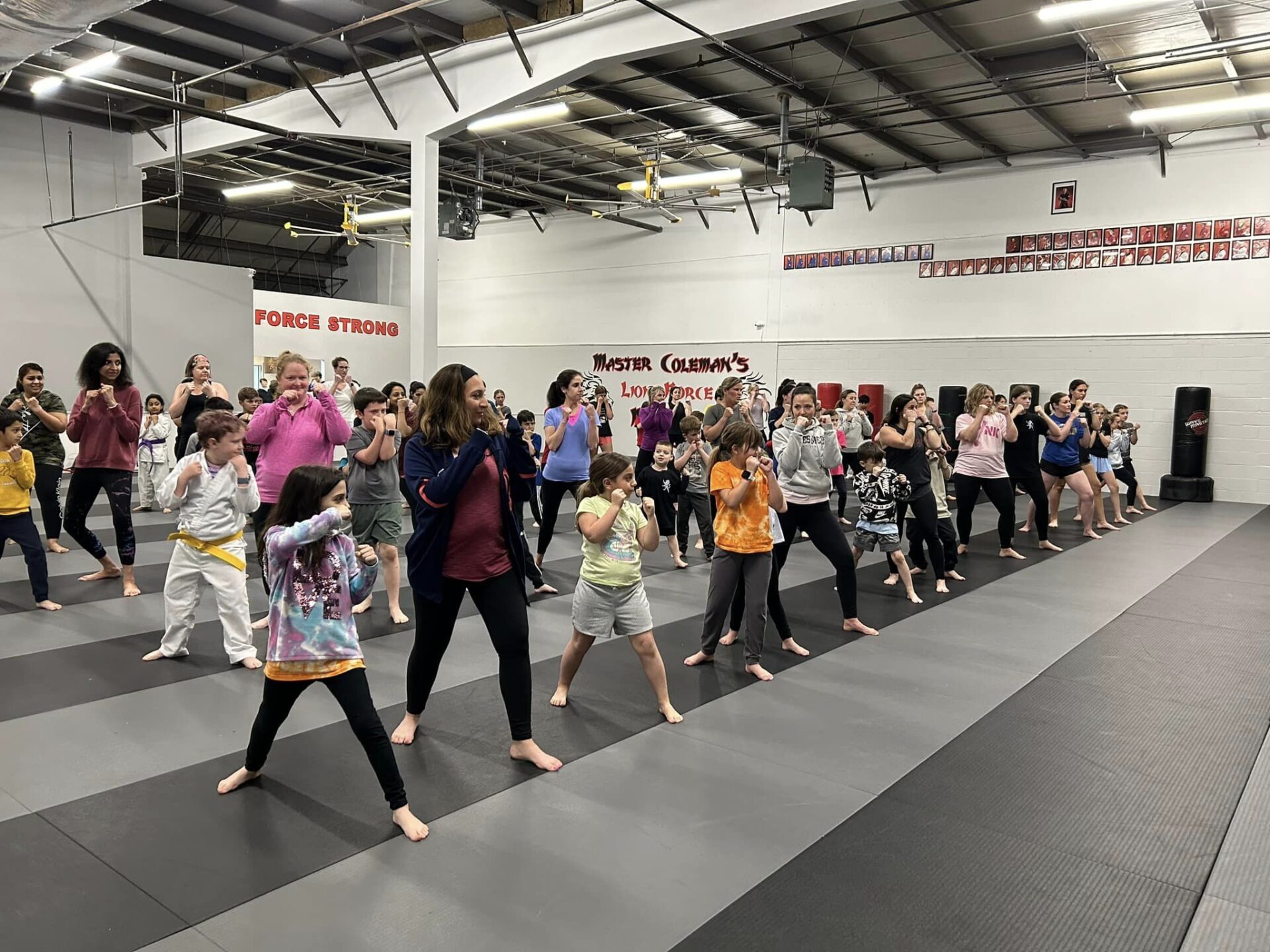 They are standing on a mat, performing various karate moves and stances