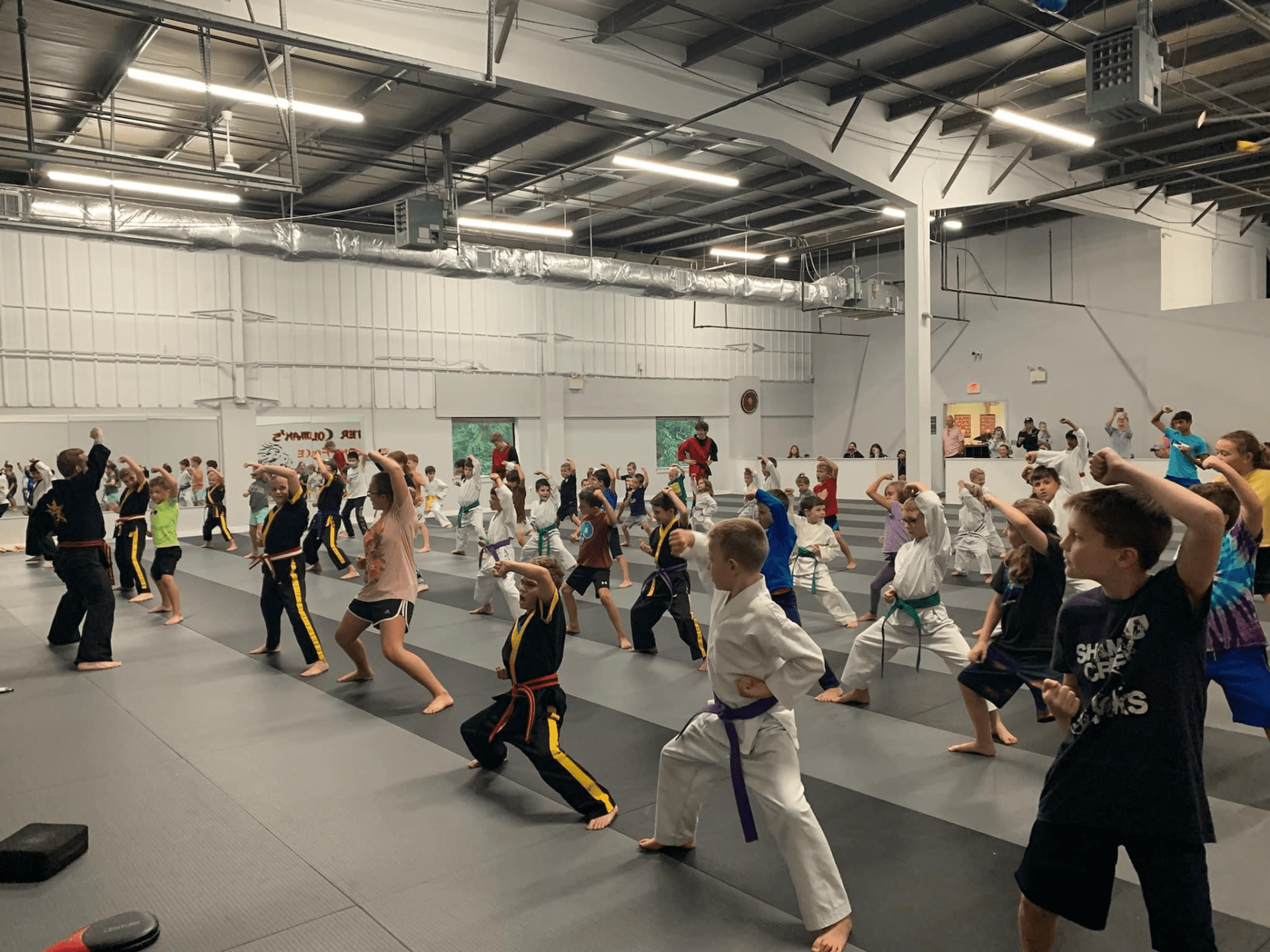 Group of people in karate uniforms engaged in martial arts training